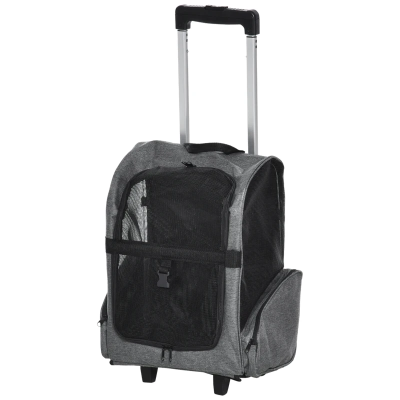 PawHut 2-IN-1 Pet Luggage Box Backpack Carrier Cats Dogs w/ Handle, Rolling Wheel Grey