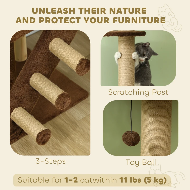 PawHut 89"-100" Floor to Ceiling Cat Tree with Scratching Post, Cat House, 3-Steps, Hanging Ball, Perches, Anti-tip Kit, Brown