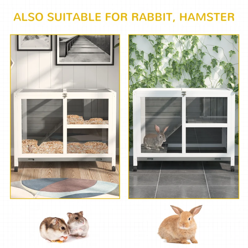 PawHut Indoor Rabbit Hutch with Wheels, Bunny Cage Guinea Pig House W/ Top Access, Ramp, Pull Out Tray, Grey