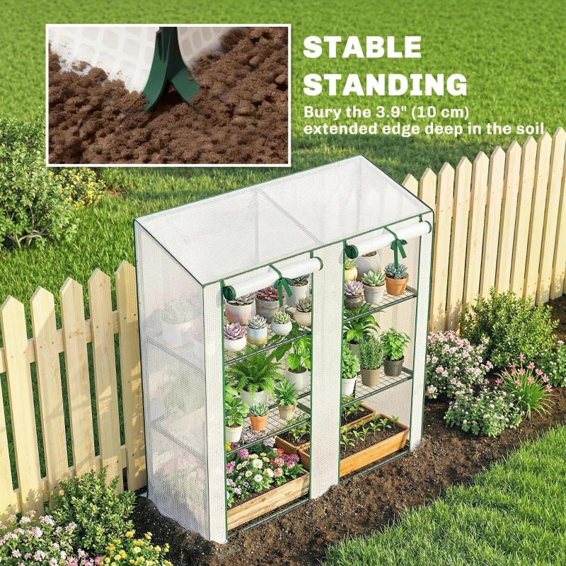 Outsunny Portable Mini Greenhouse Green House with 3 Tier Shelves, Reinforced PE Cover, Roll-up Doors, 56.3"x18.1"x59.4", White