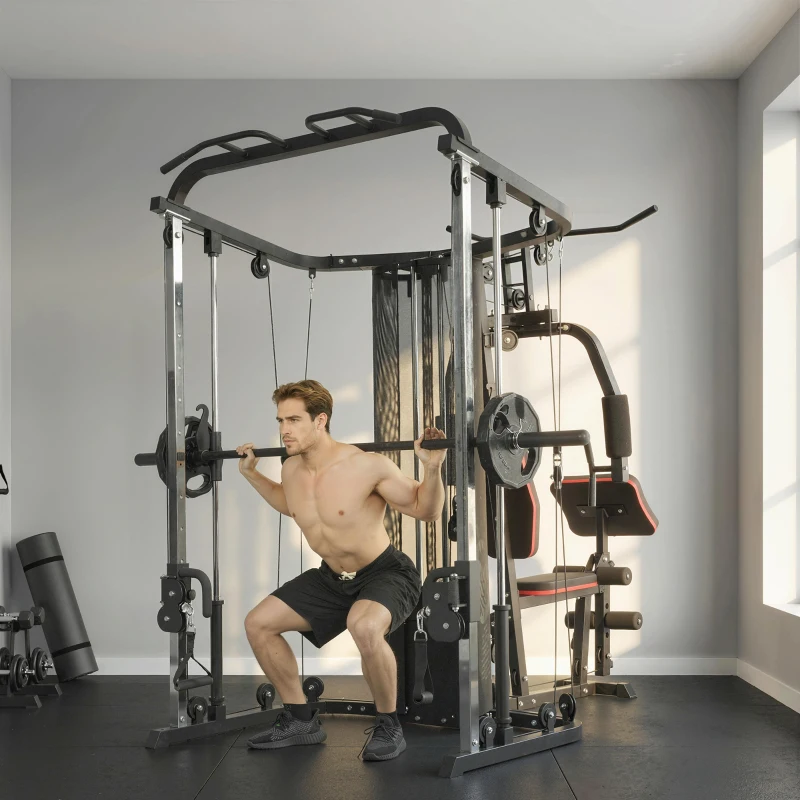 Soozier Home Multi Gym Smith Machine with 143LBS Weight Stack, Cable Pulley System, Chest Station, Preacher Pad, Leg Developer