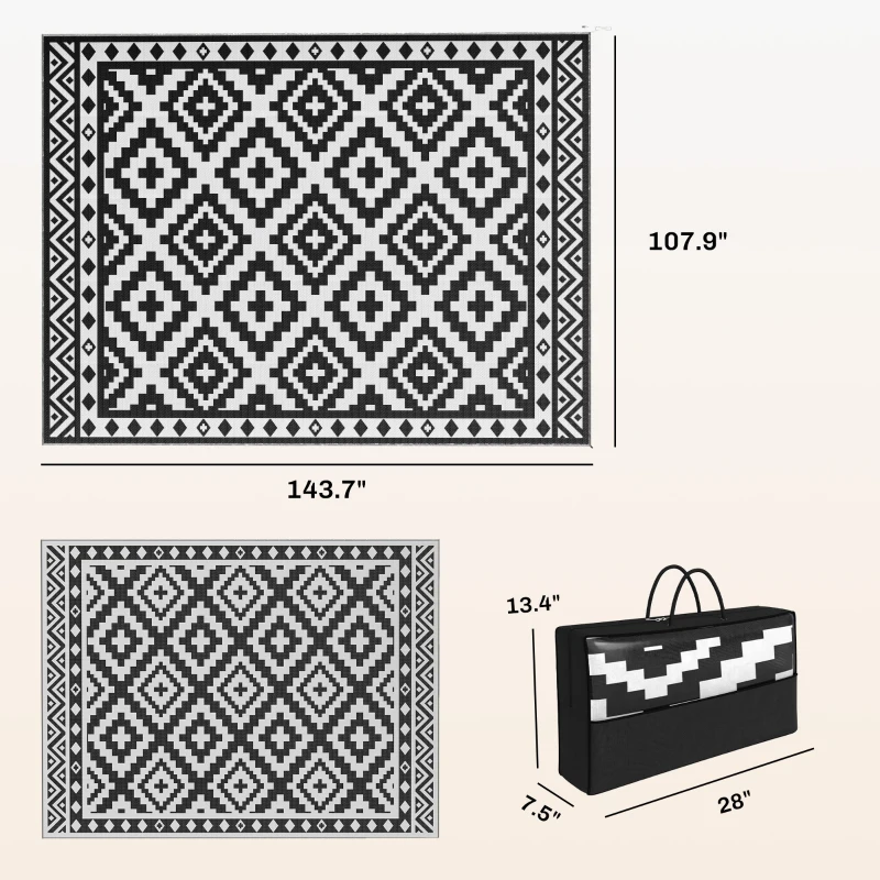 Outsunny Outdoor Rug Carpet Reversible Plastic Straw Rug with LED Lights Black and White 12' x 9' for Patio