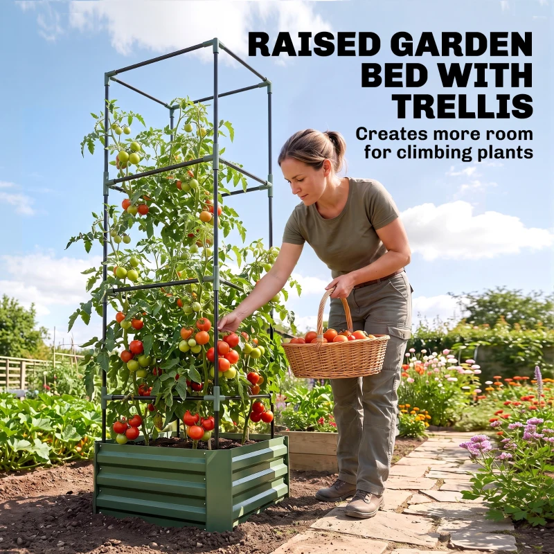 Outsunny Galvanized Planter Box, 24" x 24" x 73.5" Raised Garden Bed with Tomato Cage for Climbing Vines, Green