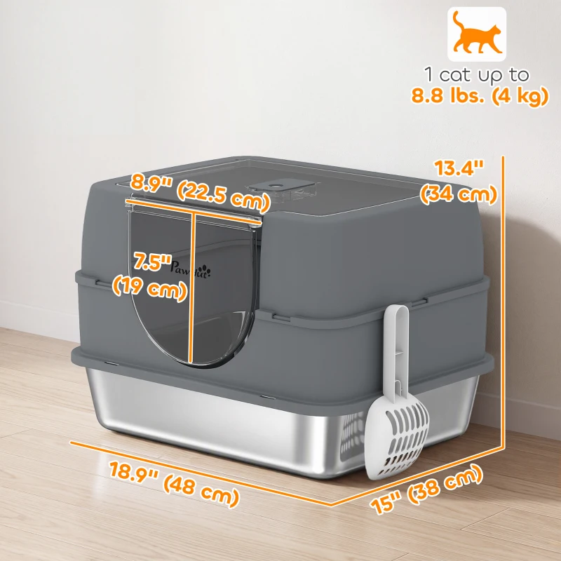 PawHut Stainless Steel Cat Litter Box with Lid, High Sided Enclosed Litter Box with Removable Lid, Tray, Scoop