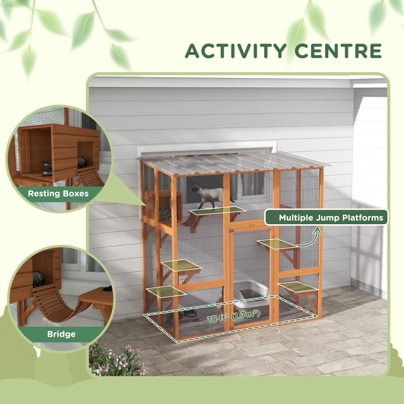 PawHut Large Outdoor Catio with Weatherproof Roof, Bridge, Resting Box, Platforms, Orange