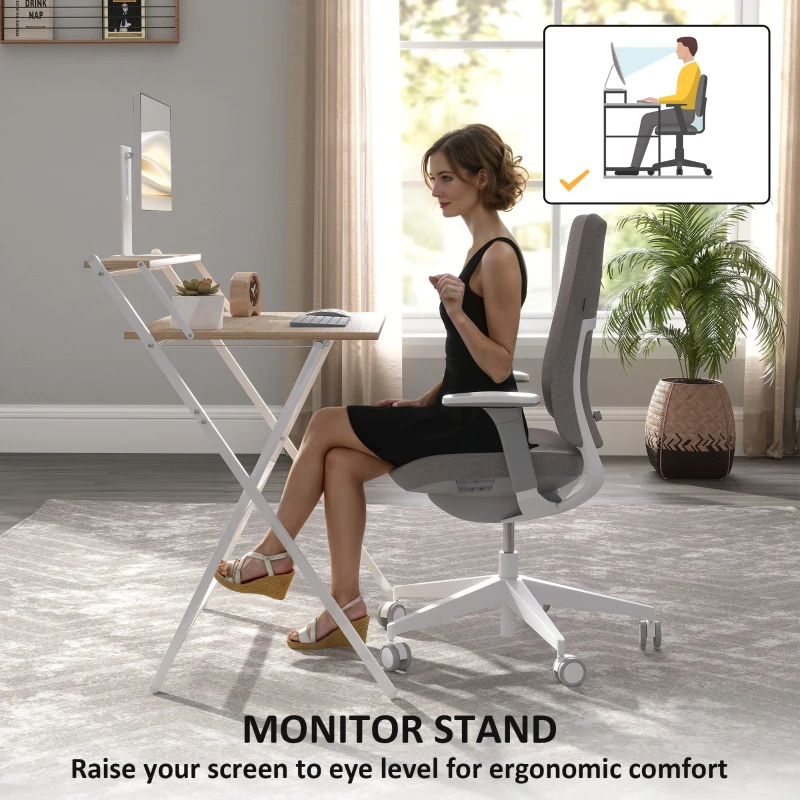 HOMCOM Folding Computer Desk, 32" Foldable Desk with Monitor Shelf for Small Space, Home Office, Easy Assembly, Natural Wood
