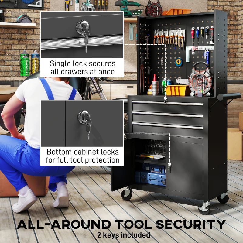 HOMCOM Rolling Tool Cabinet with Pegboard, Lockable Tool Chest, Mobile Tool Storage Organizer for Garage and Workshop, Black