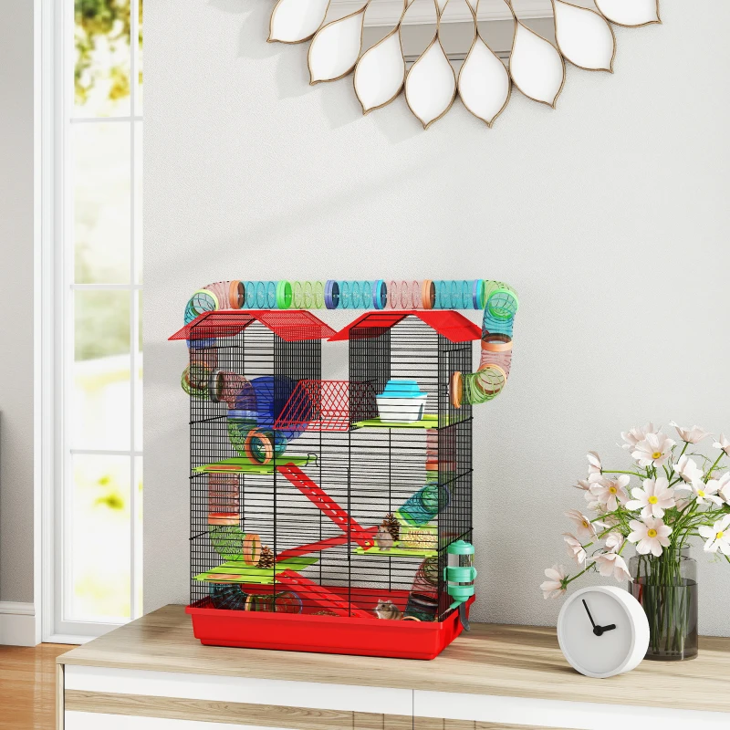 PawHut 18.5" Hamster Cage, 5 Tiers Small Animal House with Tunnel Tube System, Exercise Wheel, Water Bottle, Red