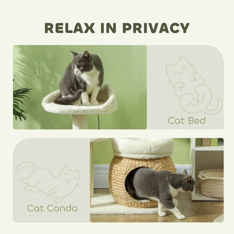 PawHut 31" Cat Tree Tower with Scratching Posts, Cat Condo, Beds, Platform, Toy Ball, for Indoor Cats, Cream White