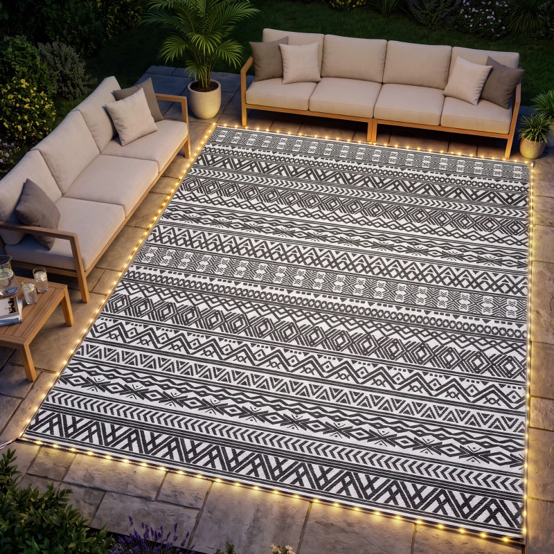 Outsunny Outdoor Rug Carpet with USB Lights Reversible Patio Rug with Carry Bag for Camping 12' x 9'