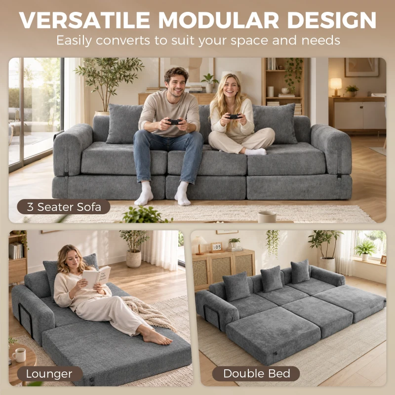 HOMCOM 96.5" Folding Sofa Bed, Convertible Boneless 3 Seater Modular Sectional Couch with Wide and Deep Seat, Grey