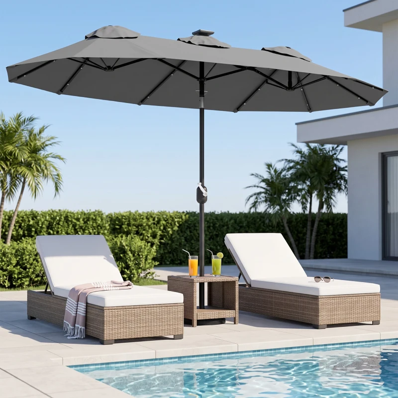 Outsunny Double-sided Patio Umbrella, 9.7' Outdoor Umbrella with Tilt and Crank, LED Solar Light and 12 Ribs, Gray