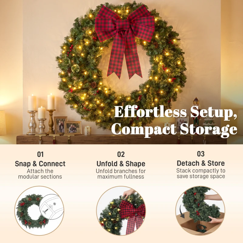 HOMCOM 36" Prelit Crestwood Spruce Artificial Christmas Wreath, Christmas Decor with Bow, 8 Modes, Red Berries, Pinecones