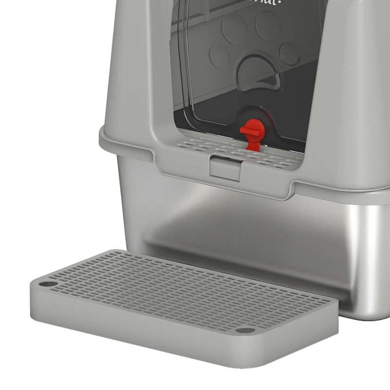PawHut Stainless Steel Cat Litter Box with Lid, XL High Sided Enclosed Metal Litter Box w/ Scoop, Step, Pedal, Grey