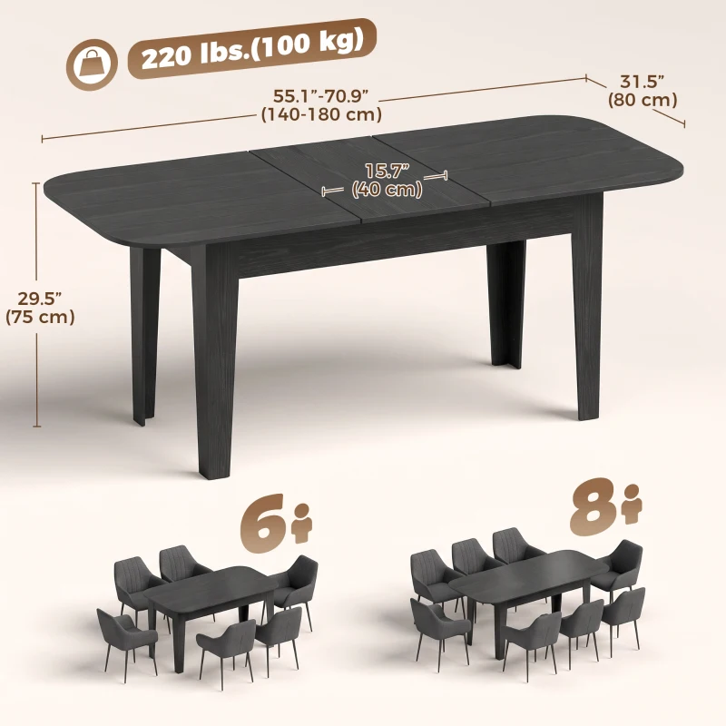HOMCOM Extendable Oval Dining Table for 4-6, Farmhouse Expandable Kitchen Table, Round Edges, Black Wood Grain