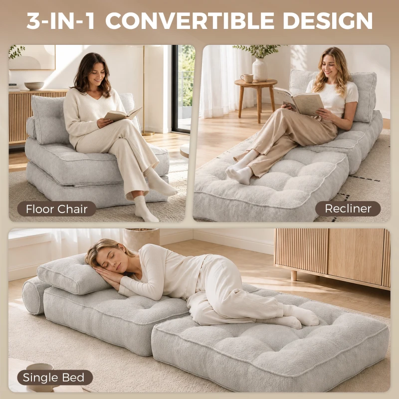 HOMCOM 3-in-1 Folding Sofa Bed, Convertible Sleeper Chair Bed with Thick Cushion, Pillows, Beige Grey