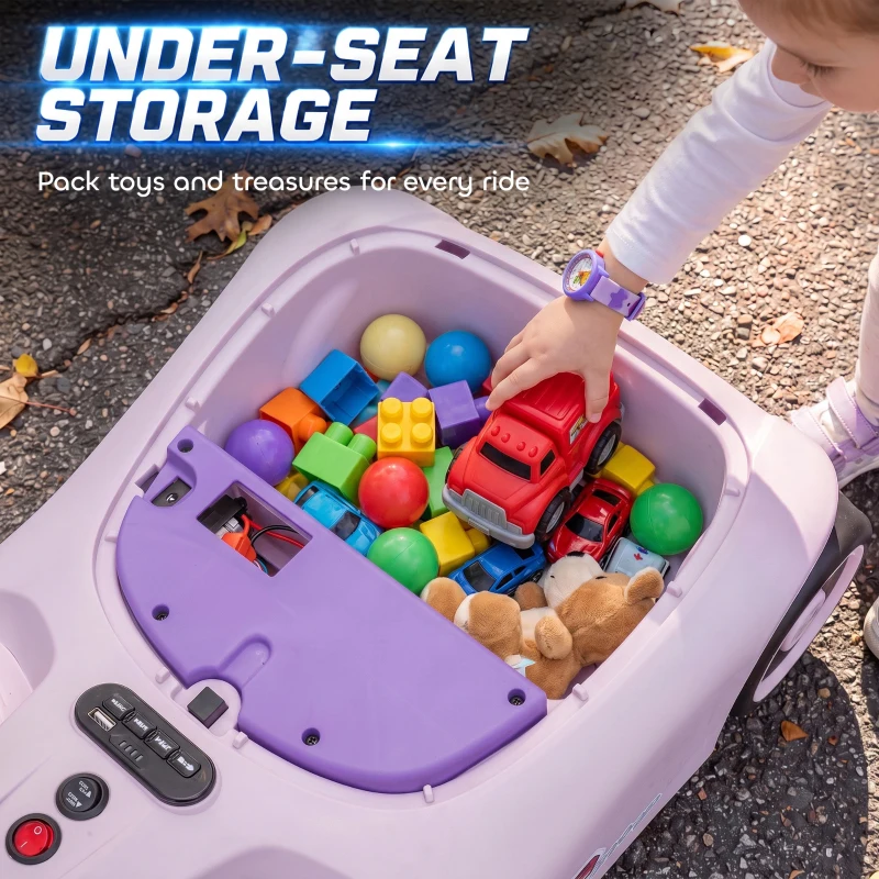 Qaba 12V Electric Wiggle Car with Convertible Steering Wheel Pull Handle, 2 Speed, Music, Lights for 3-5 Years, Purple