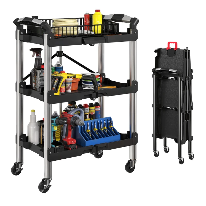 HOMCOM 3-Tier Collapsible Tool Cart with Wheels, 150 LBS Capacity Folding Utility Cart with Handles for Garage Workshop, Black