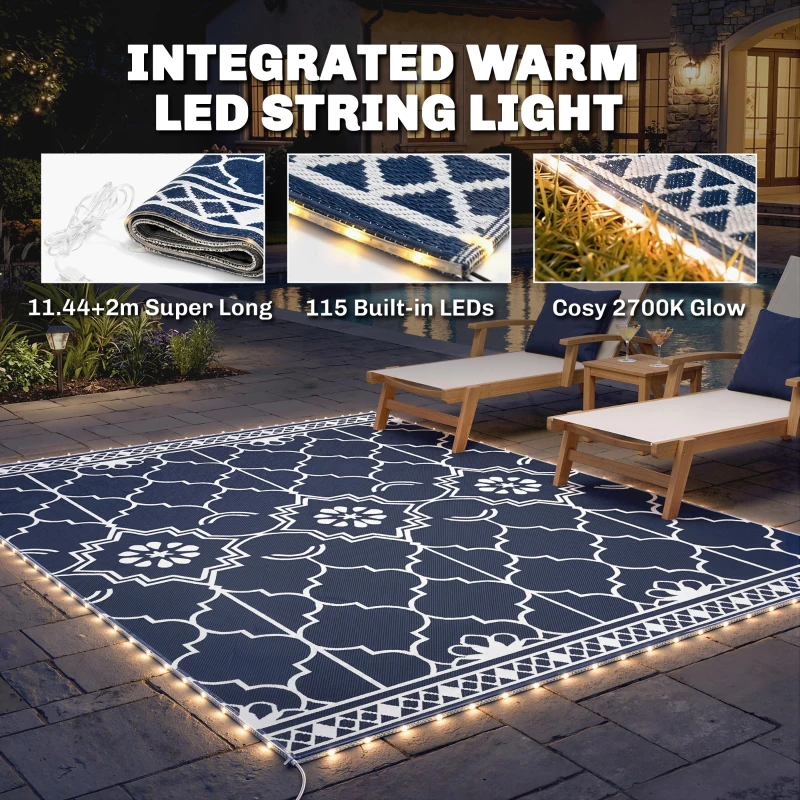 Outsunny Reversible Outdoor Rug Carpet with LED Lights, 10' x 8' PP Straw Rug with Carry Bag and Ground Stakes