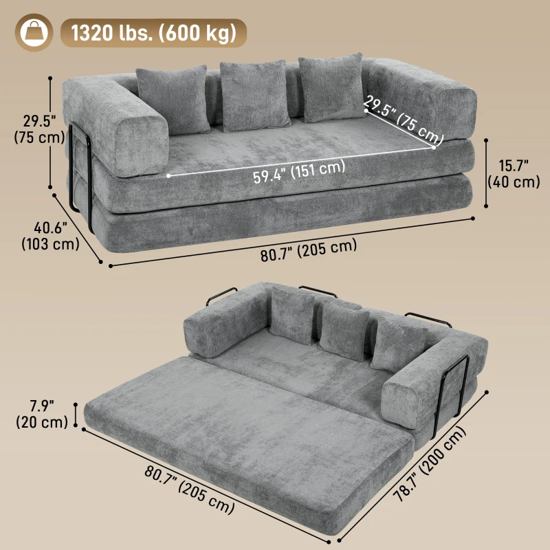 HOMCOM 81" Boneless Couch, 5-in-1 Convertible Sofa Bed with 29.5" Deep Seat, High-Density Foam, No Assembly, Grey