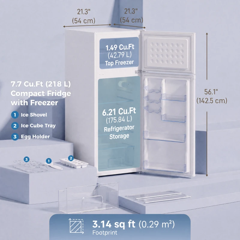 HOMCOM 7.7 Cu. Ft. Mini Fridge with Freezer, Compact Refrigerator with Adjustable Thermostat, Reversible Door, White
