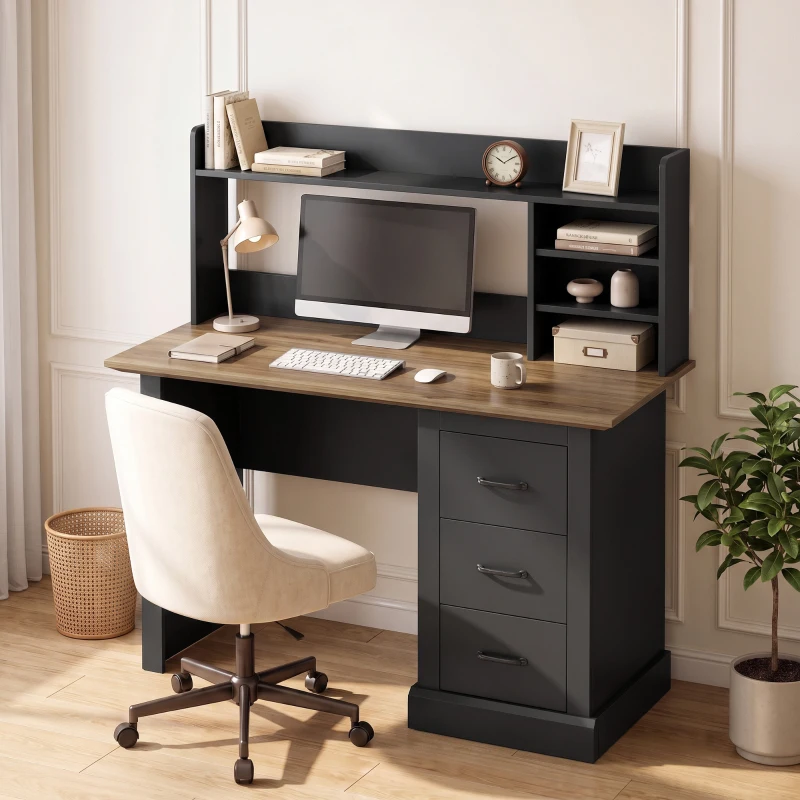 HOMCOM Computer Desk with 3 Drawers and Storage Shelves, 47" Home Office Study Writing Table, Walnut and Black