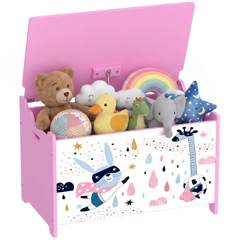 Qaba Kids Storage Chest with Lid, Toy Box with Safety Hinges and Groove Handles for Kids, Bedroom, Playroom, Nursery, Pink