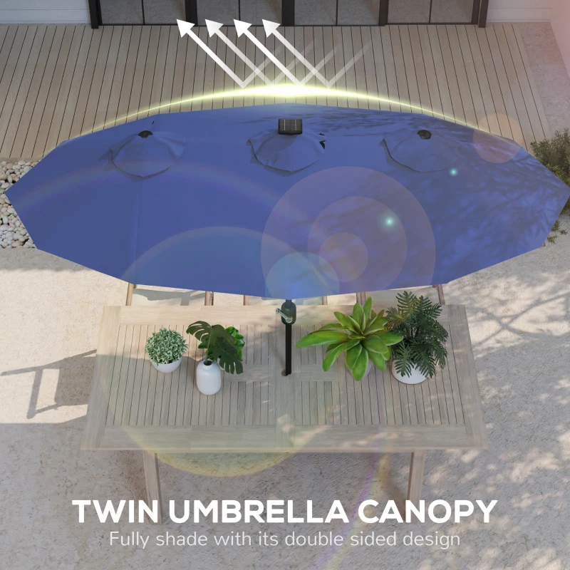 Outsunny Double-sided Patio Umbrella, 9.7' Outdoor Umbrella with Tilt and Crank, LED Solar Light and 12 Ribs, Navy Blue