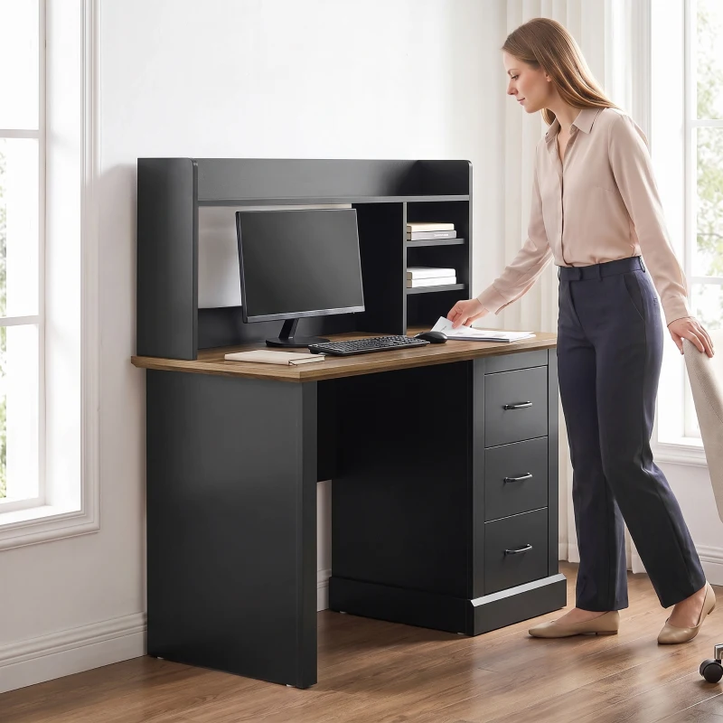 HOMCOM Computer Desk with 3 Drawers and Storage Shelves, 47" Home Office Study Writing Table, Walnut and Black