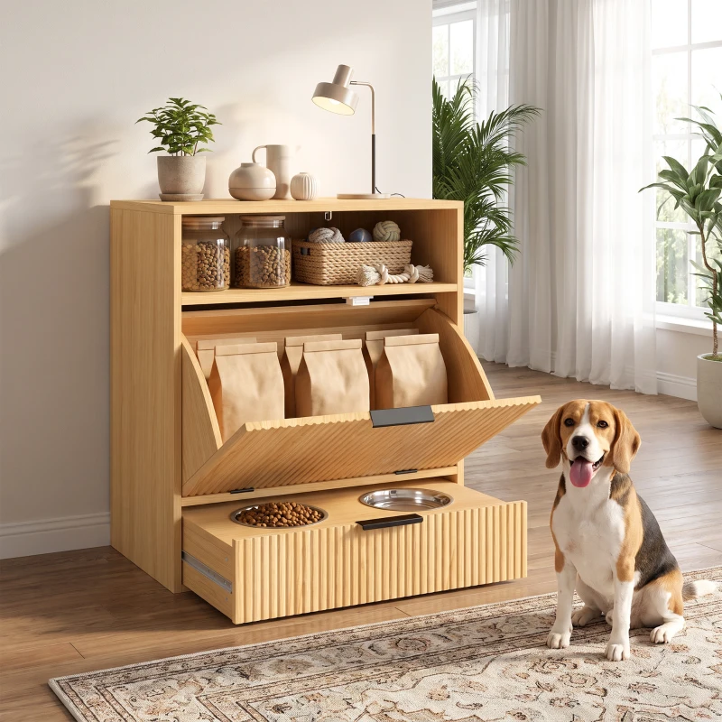 PawHut Dog Feeding Station with Storage, Hidden Pet Feeding Station with 2 Elevated Bowls, Tilt Out Storage Cabinet