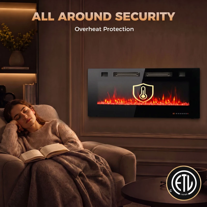 HOMCOM 42" Electric Fireplace, Ultra-Thin Recessed, Wall Mounted and Freestanding Fireplace w/ Flame Effect, 750W/1500W, Black