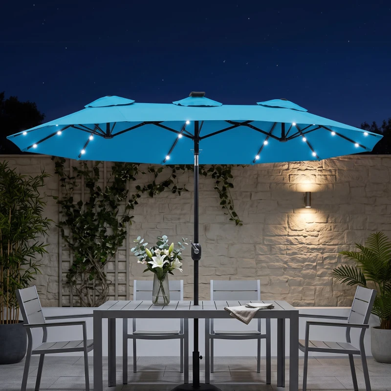 Outsunny Double-sided Patio Umbrella, 9.7' Outdoor Umbrella with Tilt and Crank, LED Solar Light and 12 Ribs, Light Blue