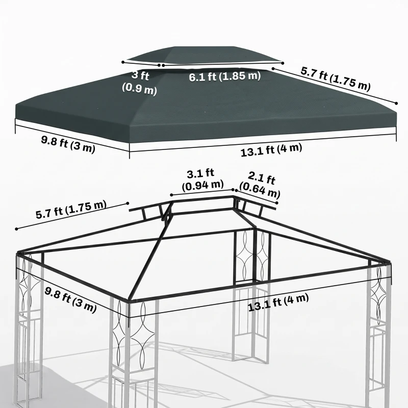 Outsunny 13' x 10' Gazebo Replacement Canopy 2 Tier Top UV Cover Pavilion Garden Patio Outdoor, Grey (TOP ONLY)
