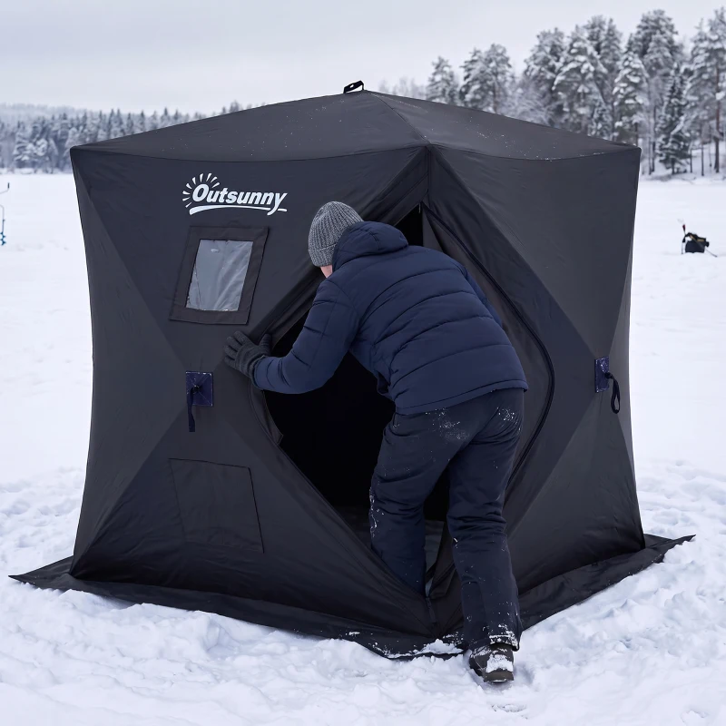 Outsunny 2 Person Ice Fishing Shelter, Pop-Up Portable Ice Fishing Tent with Carry Bag, Windows and Anchors for Low-Temp -22℉, Black
