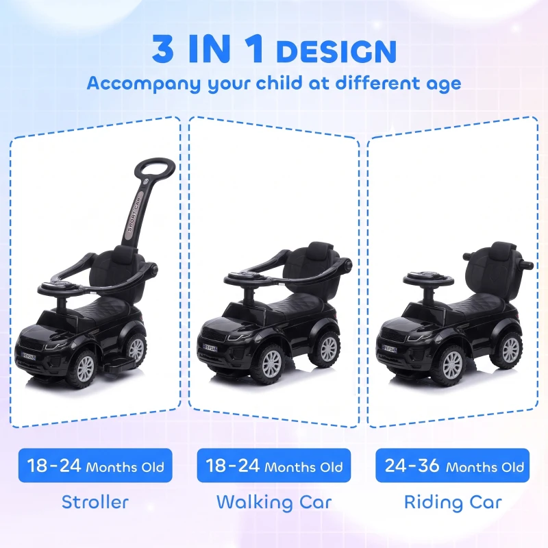 Aosom 3 In 1 Push Cars for Toddlers Kid Ride on Push Car Stroller Sliding Car with Horn Music, Black