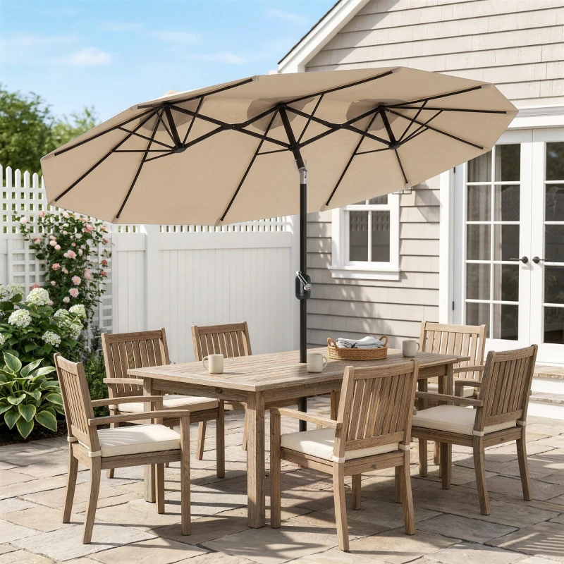 Outsunny Double Sided Patio Umbrella, 9.7' Large Outdoor Market Umbrella with Push Button Tilt and Crank, 3 Air Vents and 12 Ribs, for Garden, Deck, Pool, Brown(m-10)