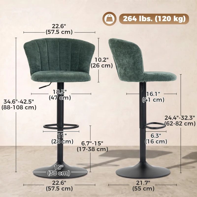 HOMCOM Adjustable Bar Stools Set of 2 with Back, Footrest, Chenille Upholstered Bar Chairs for Kitchen Island, Dark Green