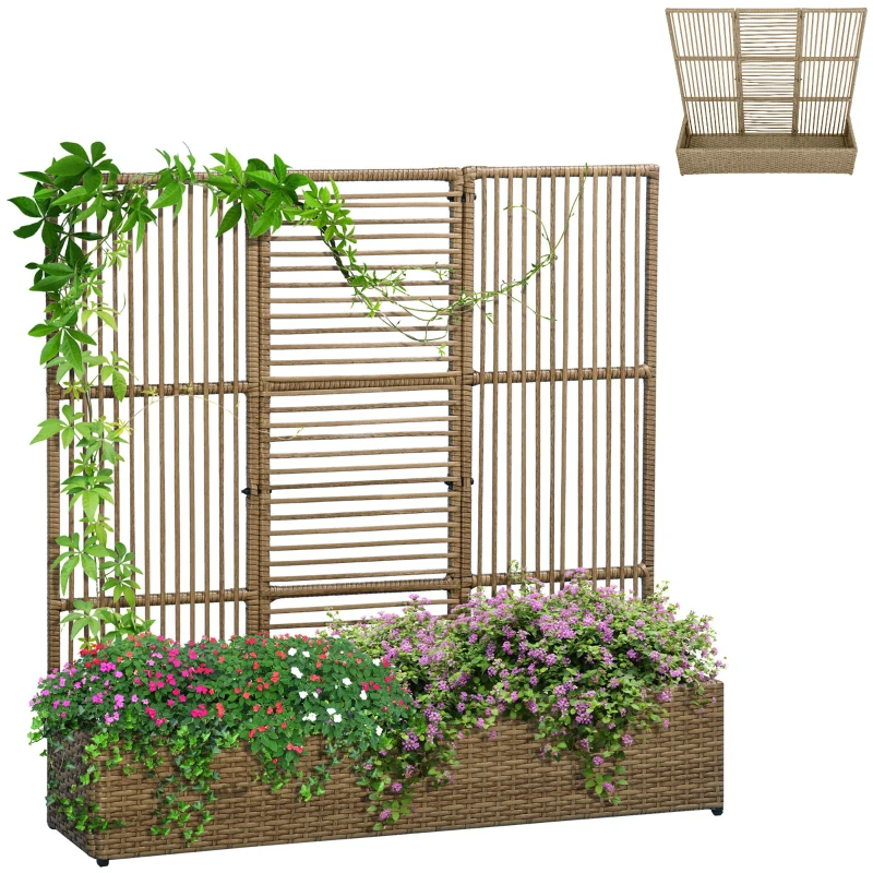 Outsunny Raised Garden Bed with Lattice Trellis, Rattan Outdoor Planter with Storage for Garden, Patio, Balcony, Sand Brown