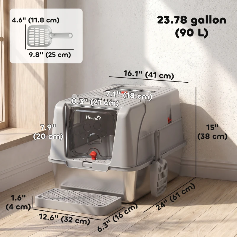 PawHut Stainless Steel Cat Litter Box with Lid, XL High Sided Enclosed Metal Litter Box w/ Scoop, Step, Pedal, Grey
