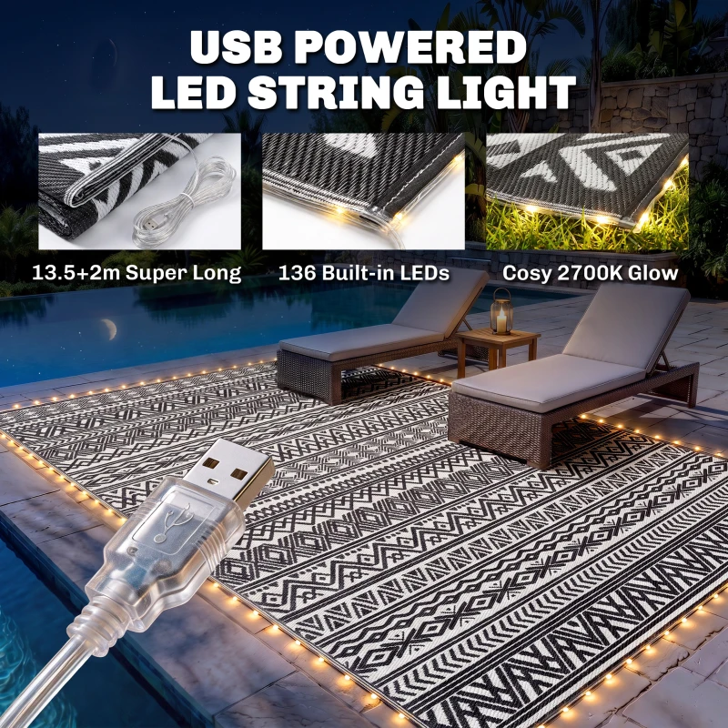 Outsunny Outdoor Rug Carpet with USB Lights Reversible Patio Rug with Carry Bag for Camping 12' x 9'