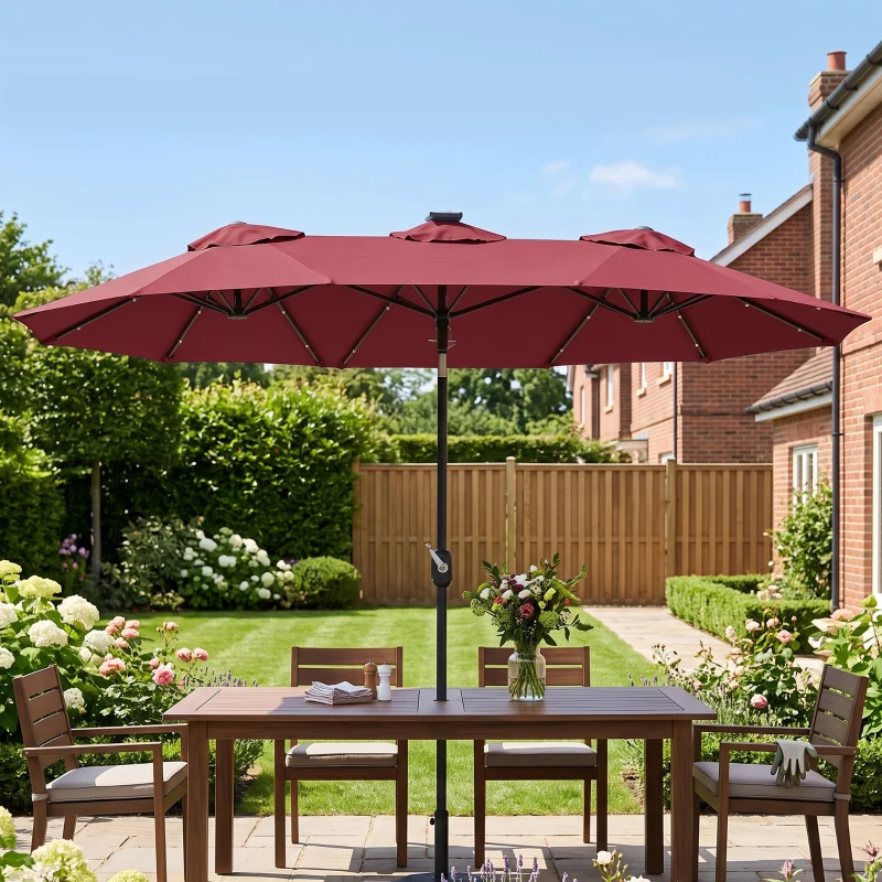 Outsunny Double-sided Patio Umbrella, 9.7' Outdoor Umbrella with Tilt and Crank, LED Solar Light and 12 Ribs, Wine Red