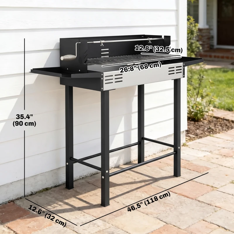 Outsunny BBQ Rotisserie Grill Charcoal, Split Roaster for Chicken Turkey, 3-Level Grill Grate, Storage Shelves, Stainless Steel
