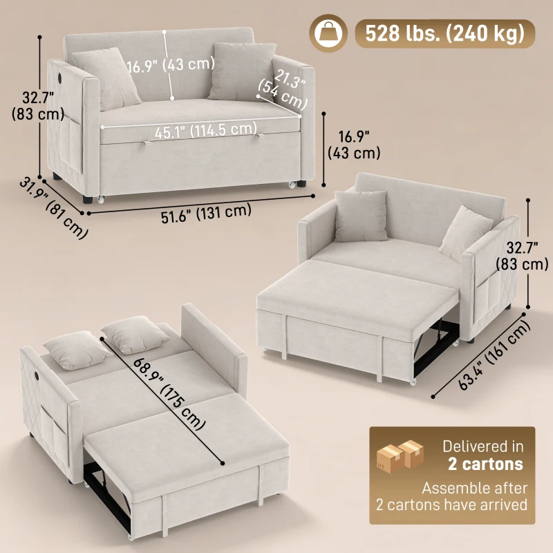 HOMCOM 52" Sofa Bed, Holland Velvet Loveseat Pull Out Sleeper Sofa with USB Ports, Adjustable Backrest, Side Pockets, Beige