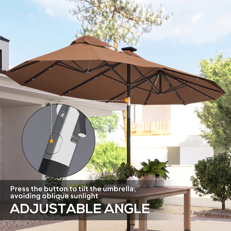 Outsunny Double-sided Patio Umbrella, 9.7 ft. Outdoor Umbrella with 45-Degree Tilt and Crank, LED Solar Light and 12 Ribs, Coffee