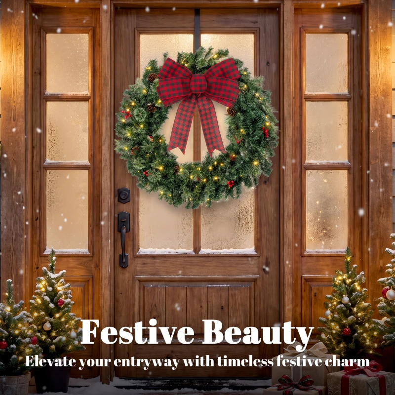 HOMCOM 36" Prelit Crestwood Spruce Artificial Christmas Wreath, Christmas Decor with Bow, 8 Modes, Red Berries, Pinecones