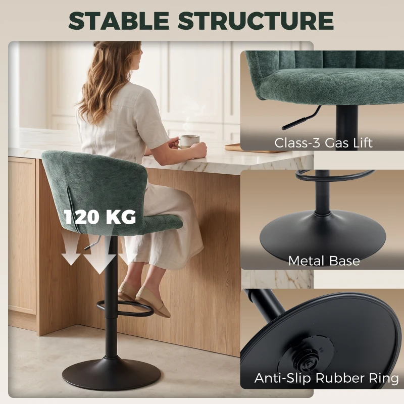 HOMCOM Adjustable Bar Stools Set of 2 with Back, Footrest, Chenille Upholstered Bar Chairs for Kitchen Island, Dark Green