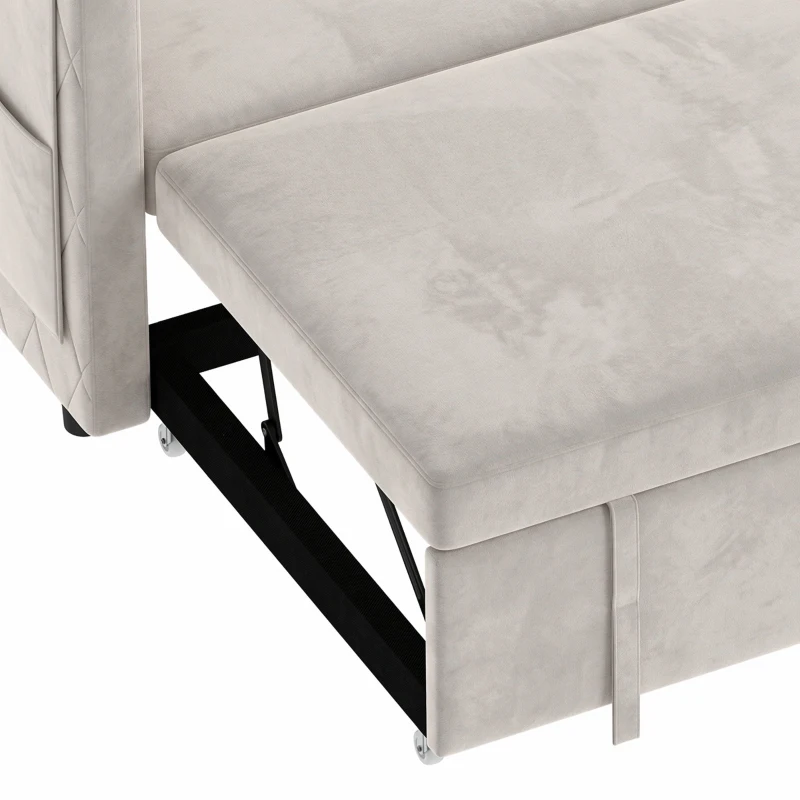 HOMCOM 52" Sofa Bed, Holland Velvet Loveseat Pull Out Sleeper Sofa with USB Ports, Adjustable Backrest, Side Pockets, Beige