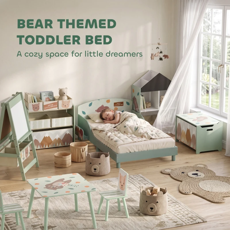 Qaba Toddler Bed with Bedside Storage, Guard Rails, Montessori Bed for Ages 3-8, Fits 132x70x10cm Mattress, Green Bear Print