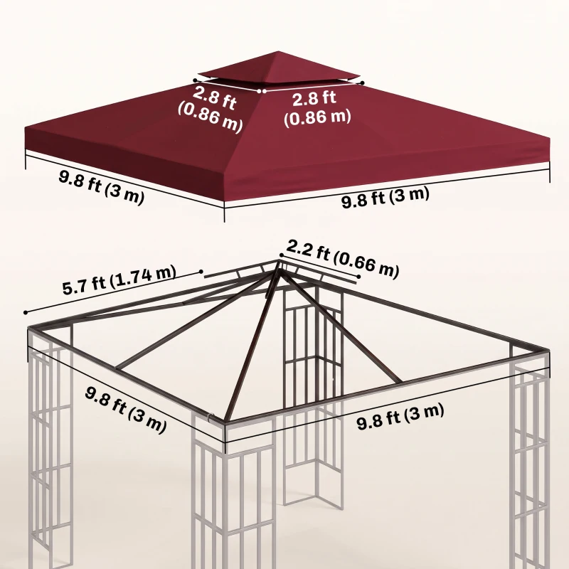 Outsunny 10' x 10' Square 2-Tier Gazebo Canopy Replacement Top Cover Outdoor Garden Sun Shade, Wine Red
