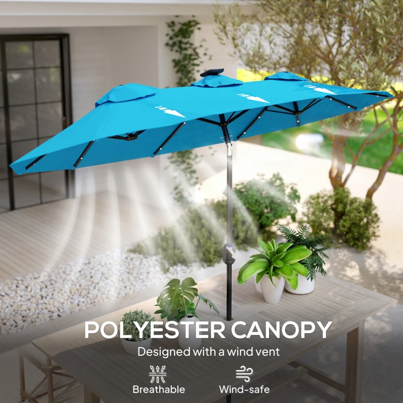 Outsunny Double-sided Patio Umbrella, 9.7' Outdoor Umbrella with Tilt and Crank, LED Solar Light and 12 Ribs, Light Blue